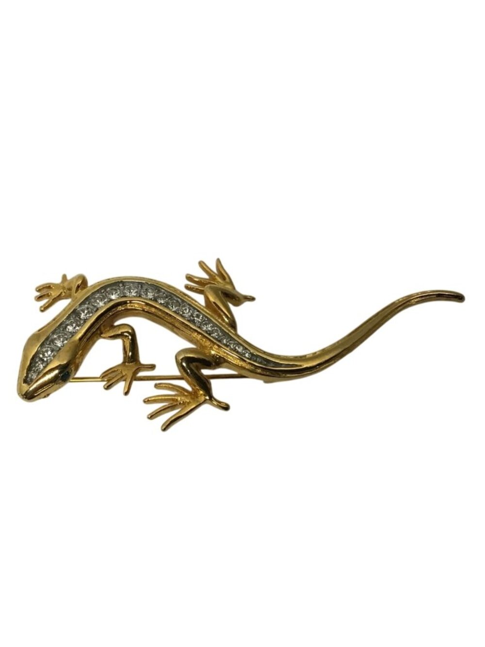 Metal Vintage Gold Tone Rhinestone Accents Gecko Lizard Brooch Pin